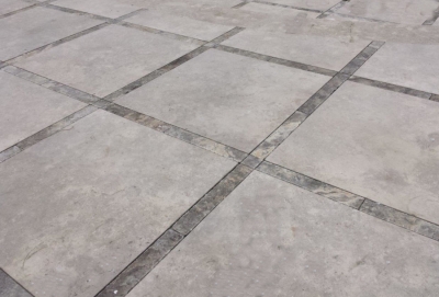 Brushed Jerusalem Grey Pavers With Silver Travertine Accen Bands